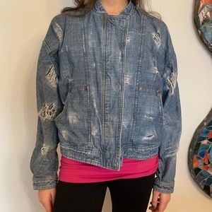 Free People Distressed Denim bomber jacket
